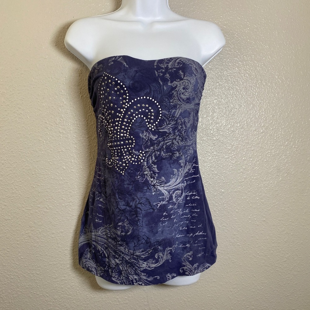 Y2K Tube Top Medium Vintage 2000s McBling Bratzcore Rhinestone Fleur de Lis